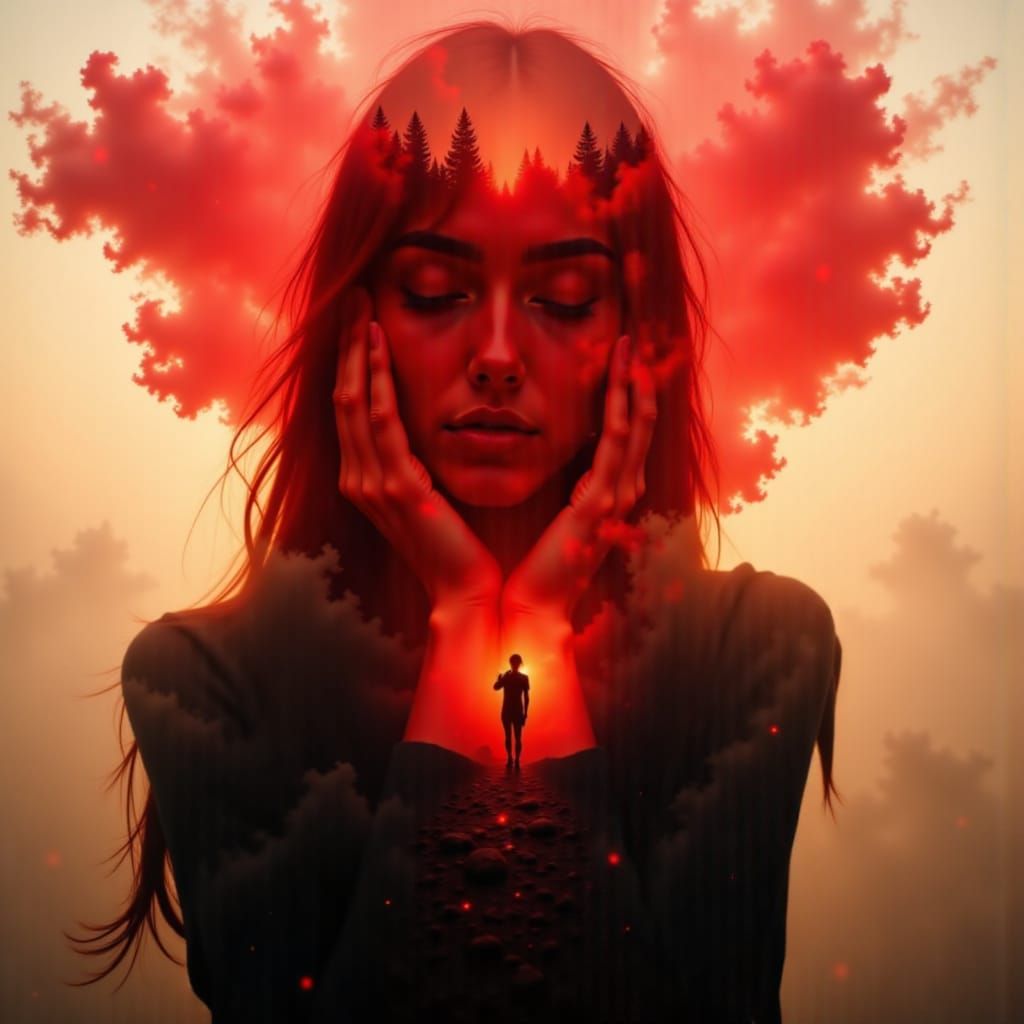 Surreal Double Exposure of Red Abstract and Contemplative Si...