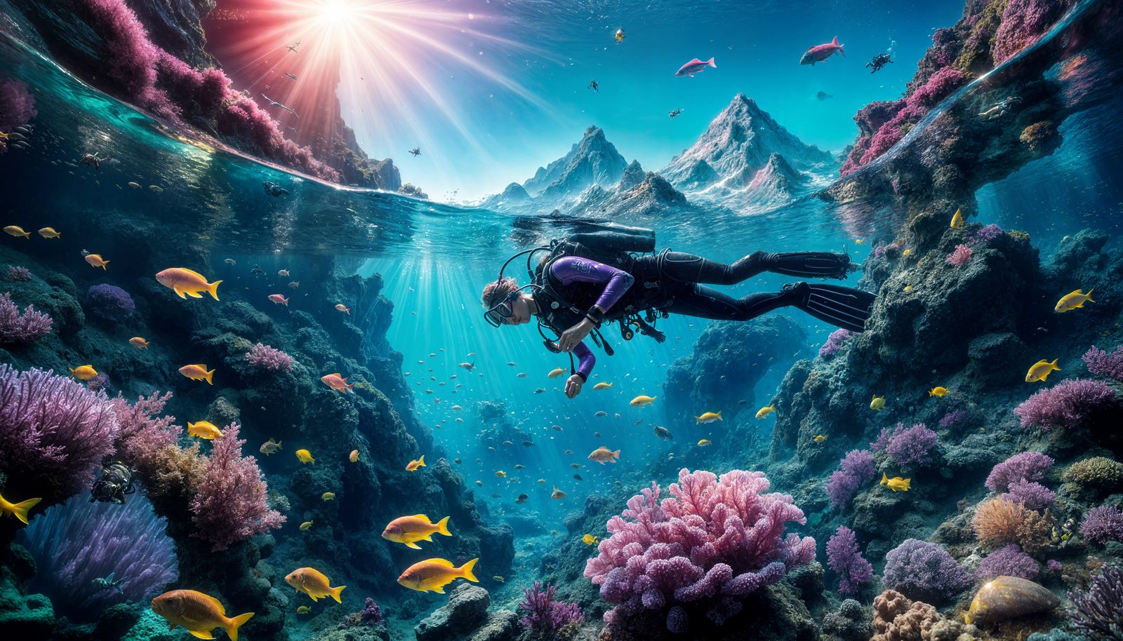 Scuba Diver in Sparkling Pink and Purple Ocean