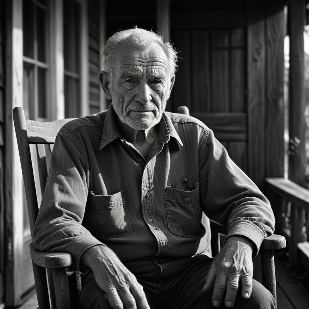 Hyperrealistic Black and White Photo of Old Man on Porch