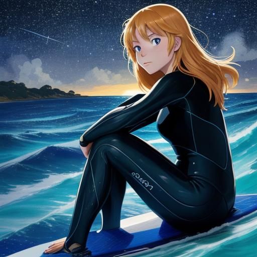 Female Surfer Under Starry Sky: Anime Style