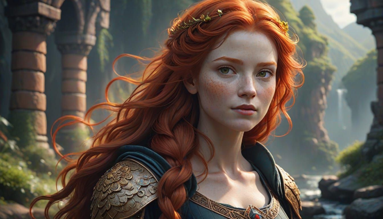 Ginger Goddess in Vibrant Fantasy Landscape