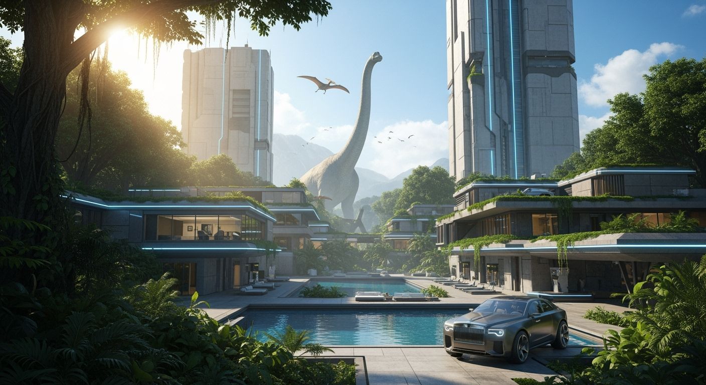Futuristic Jungle Cityscape with Brachiosaurus