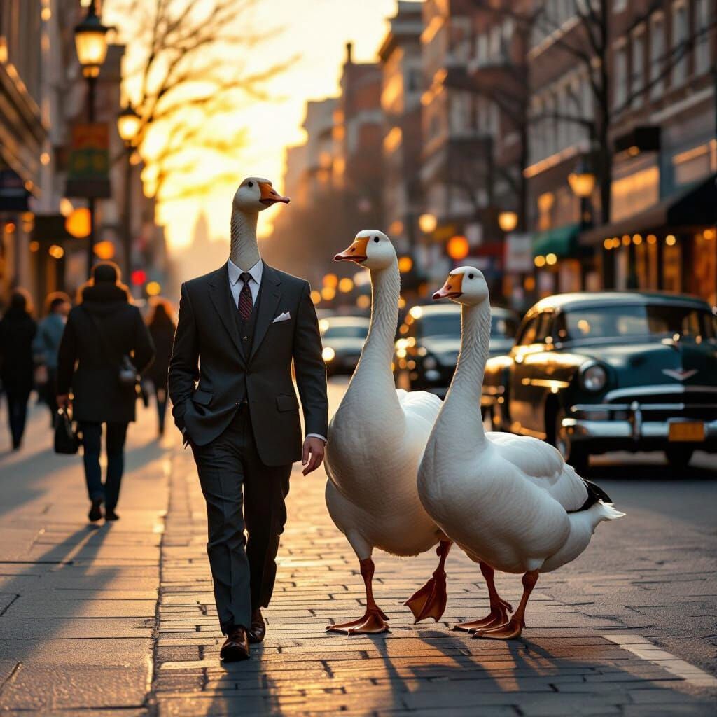 Geese in 1950s Suits Stroll Down City Street