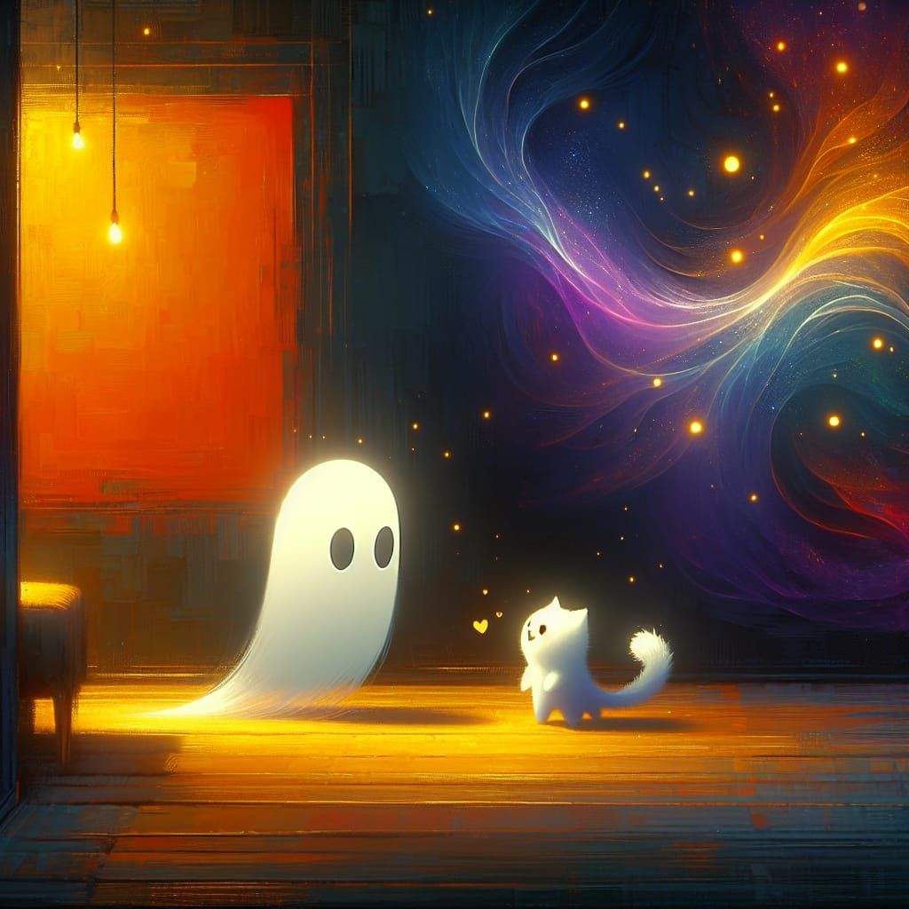 Playful Ghost and Cat in Colorful Black Room