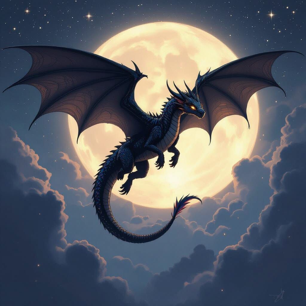 Iridescent Black Dragon Flying in Starry Night