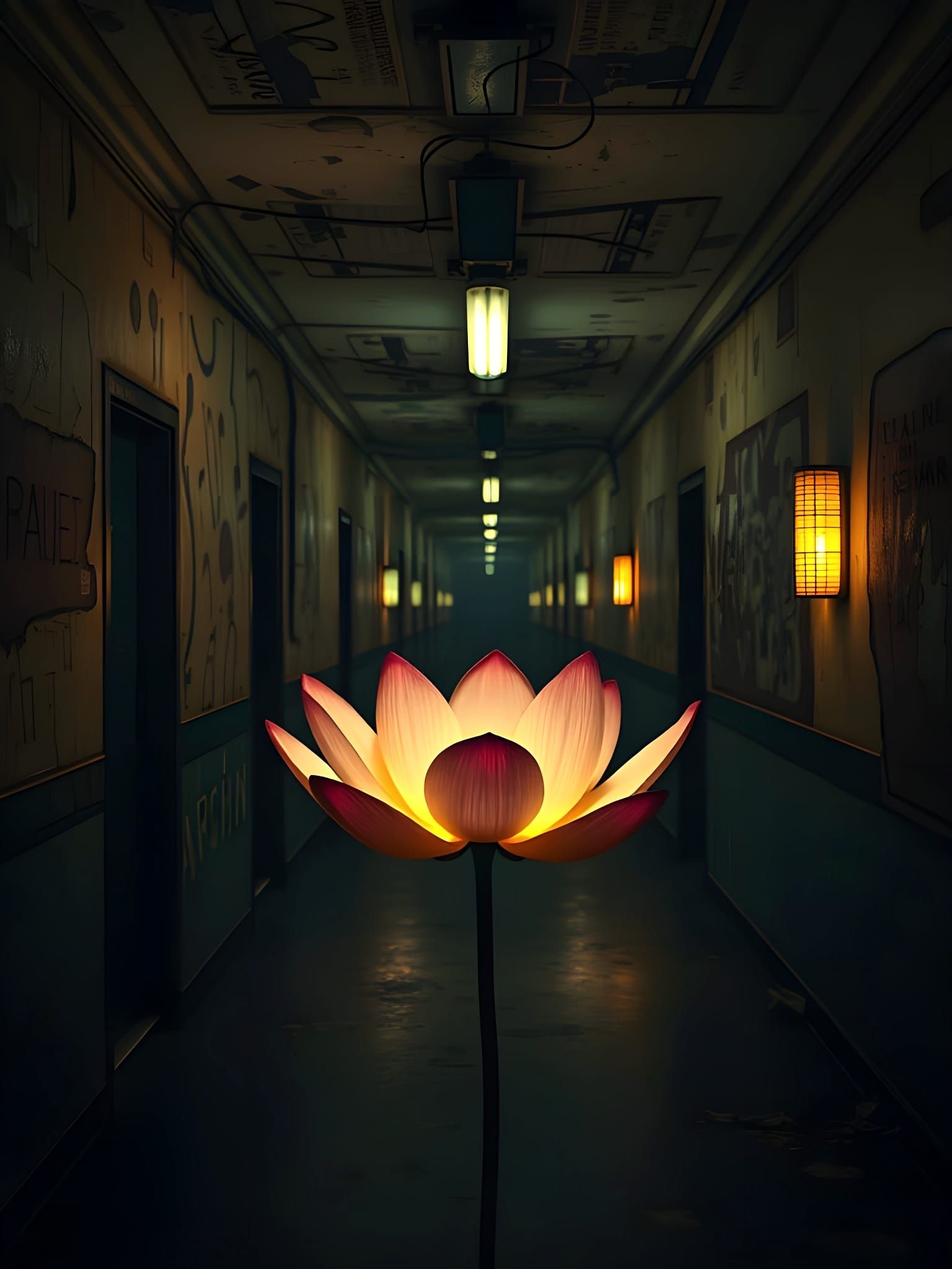 Abandoned Asylum Corridor with Hopeful Lotus Bloom in Dark F...
