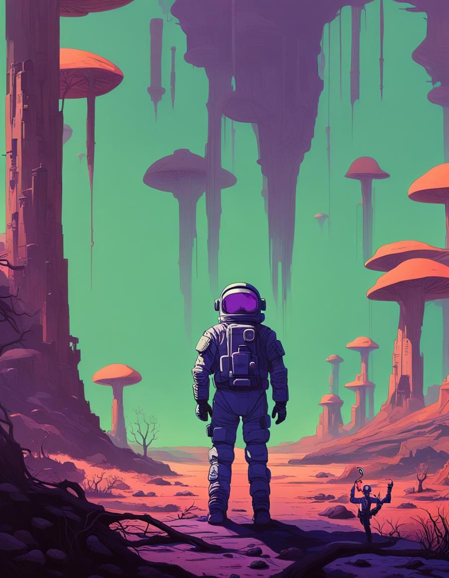 Astronaut at Ancient Temple: Retro Sci-Fi Art