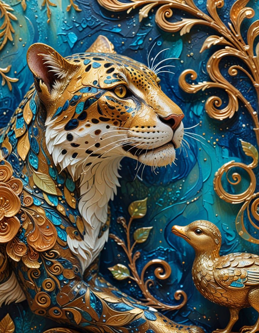 Jaguar and Duckling Stalking in Space, Impasto Style