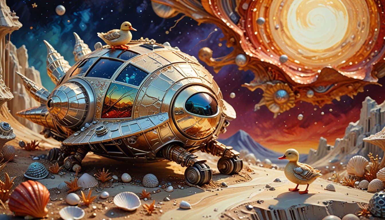 Seashells and Duckling on Lunar Base in Impasto Style