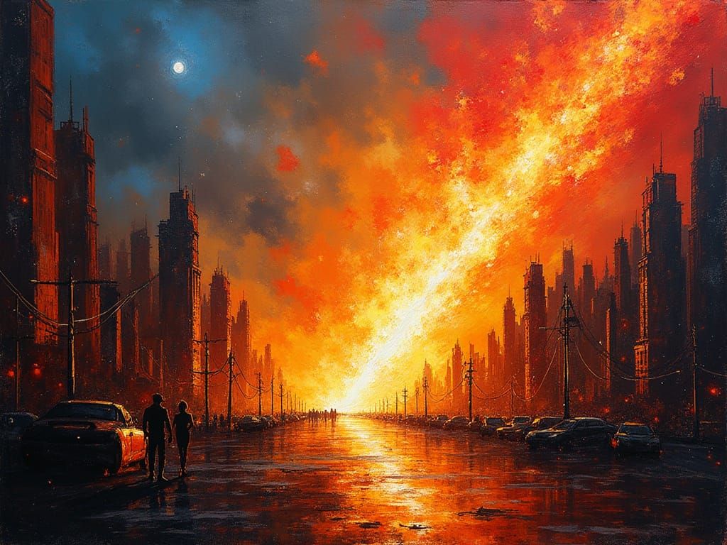 Fiery Comet Ignites Apocalyptic Urban Skyline in Abstract Su...