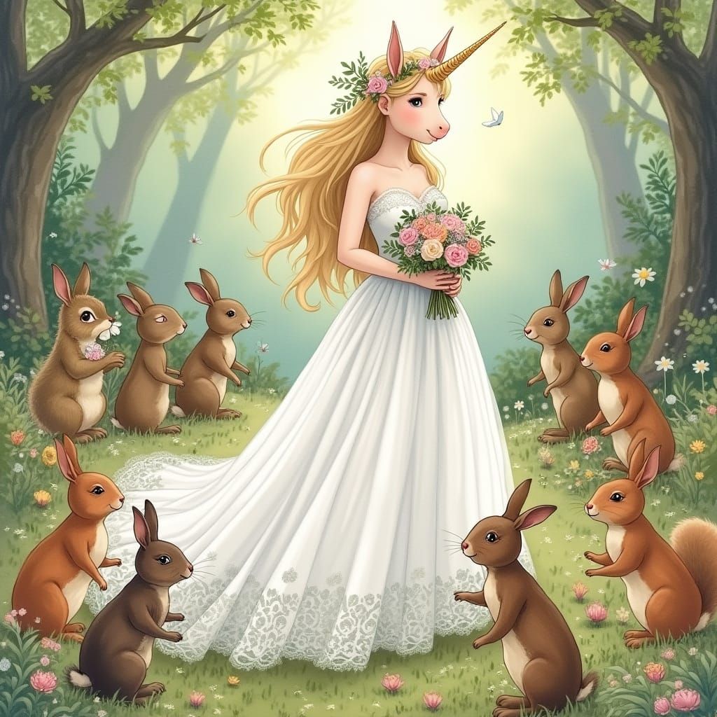 Unicorn Wedding in Enchanted Forest, Watercolor Style