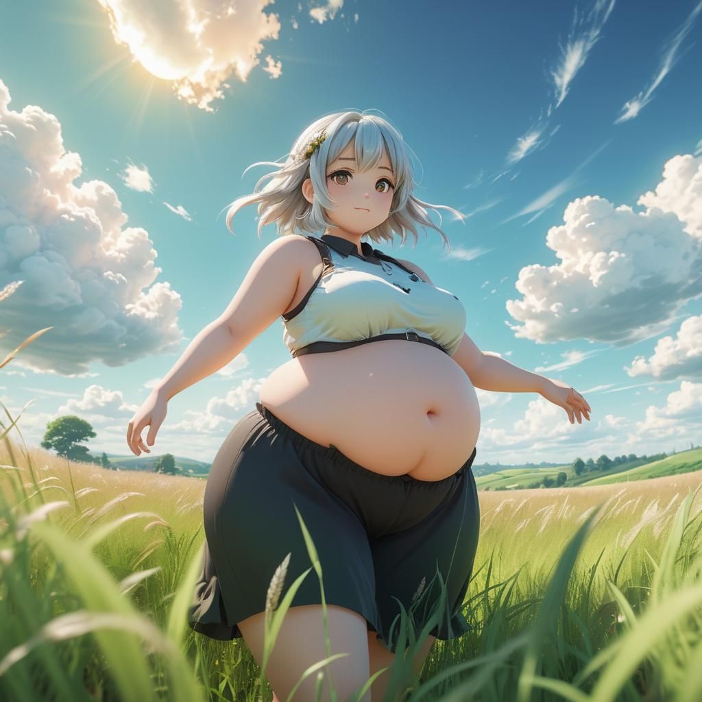 Anime Girl with Bloated Belly in Spring Field