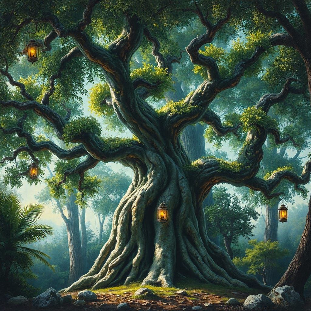 Majestic Tree in a Dreamlike Forest with Jeweled Leaves and ...