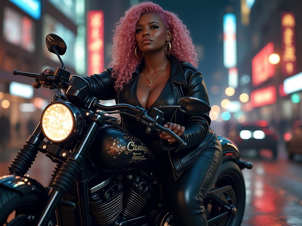 Curvy Biker in Sci-Fi Cityscape: 8K Render