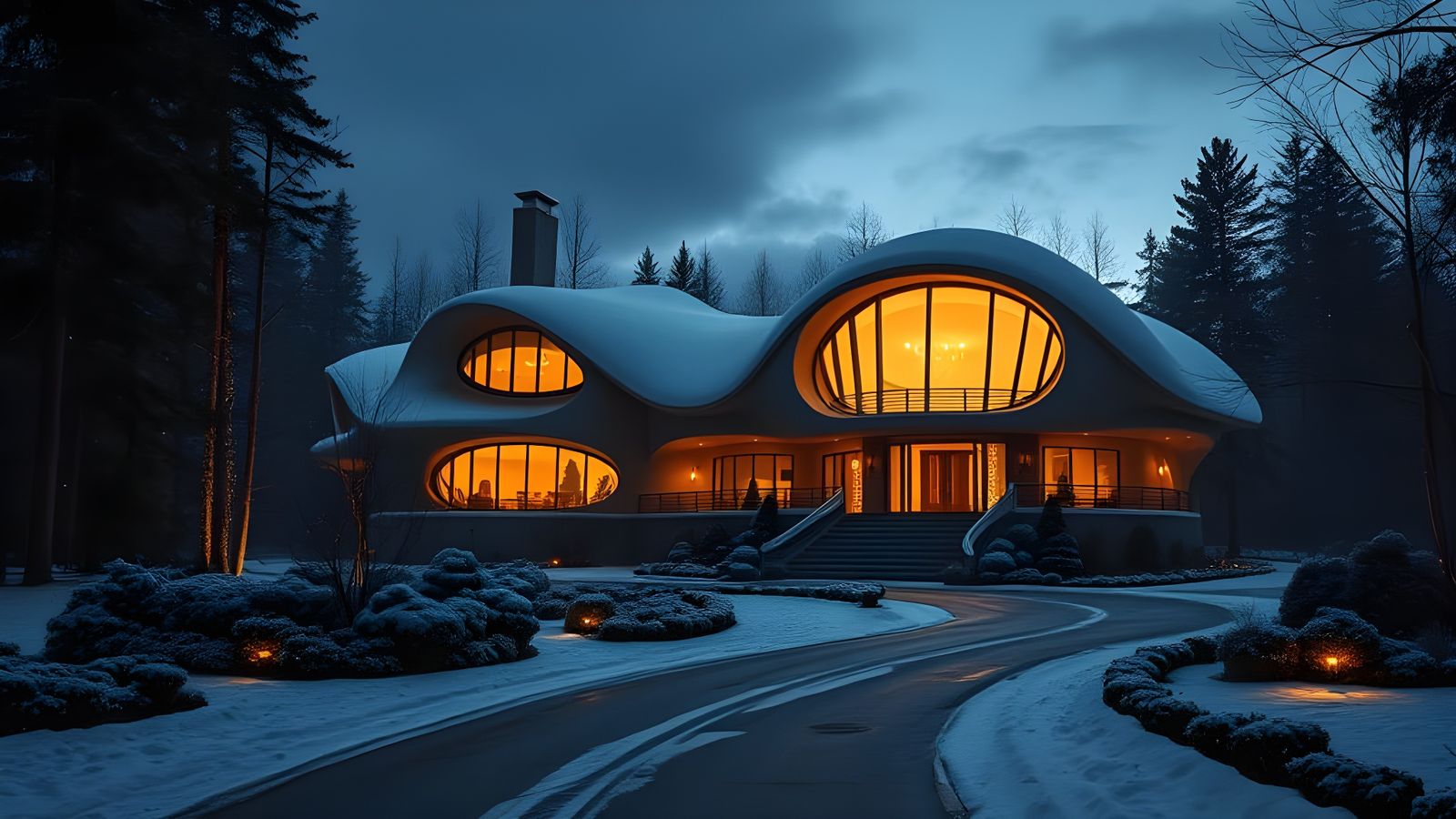 Futuristic Biomorphic House in Snowy Forest