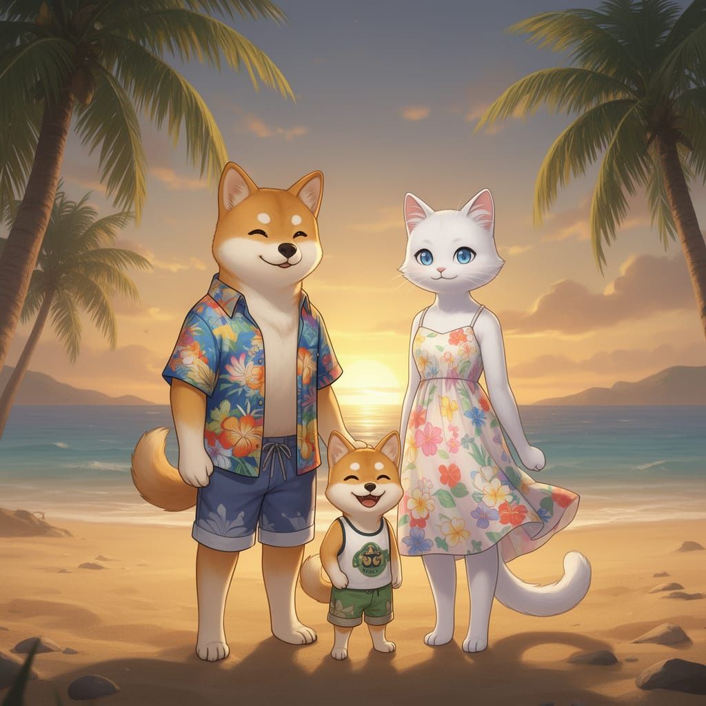 Shiba Inu Family Beach Portrait in Tropical Golden Hour
