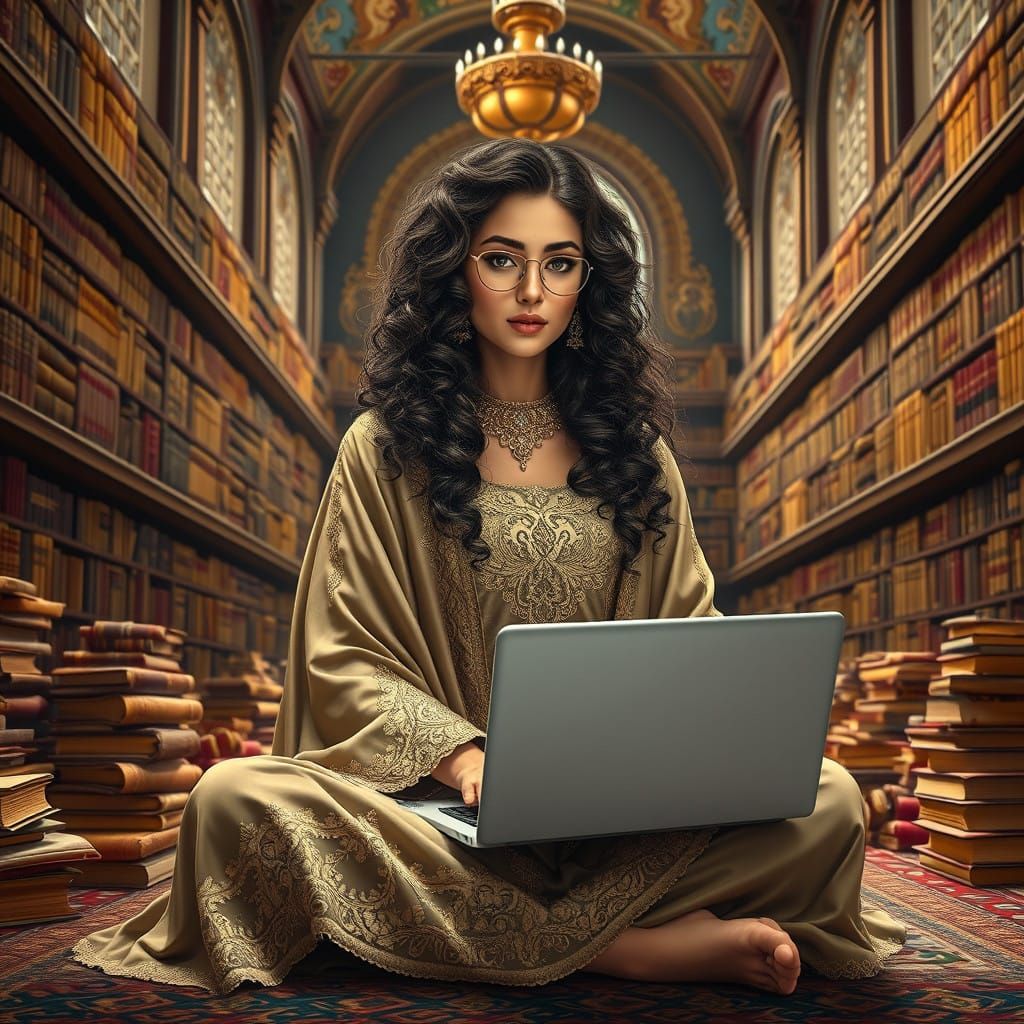 Hyperrealistic Lebanese Princess in a Grand Library