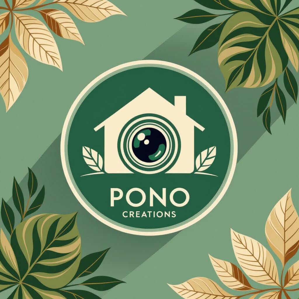 Pono Creations Logo: Camera Lens and House Emblem