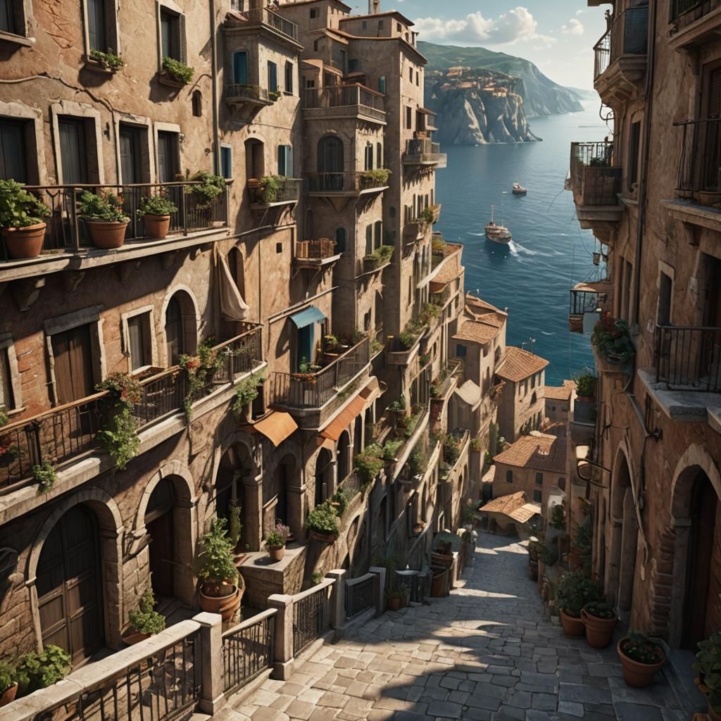 Italian Street View with Sea in Matte Painting