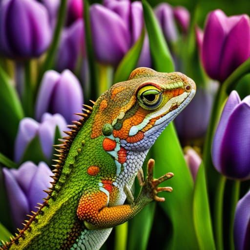Lizard In A Tulip Bed