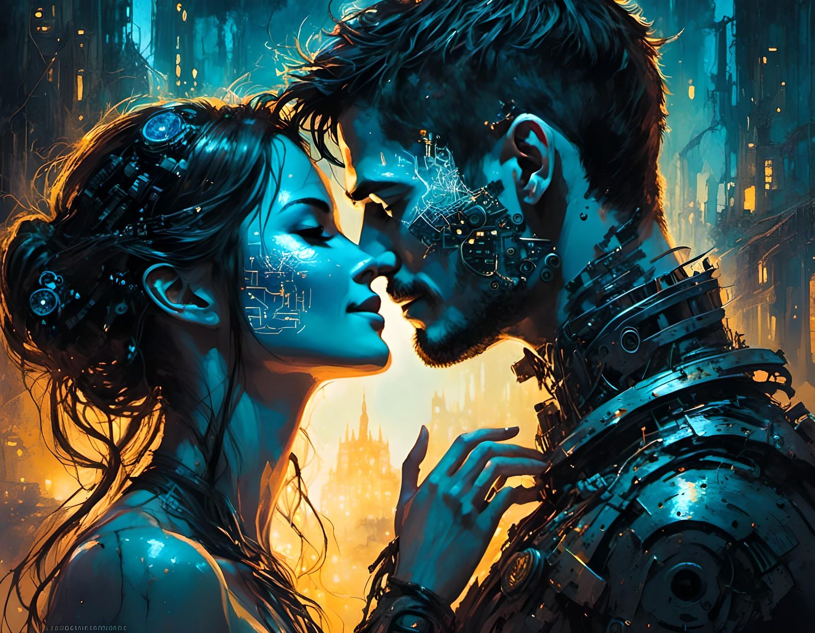Cyborg Couple Kissing in Dark Post-Apocalyptic City