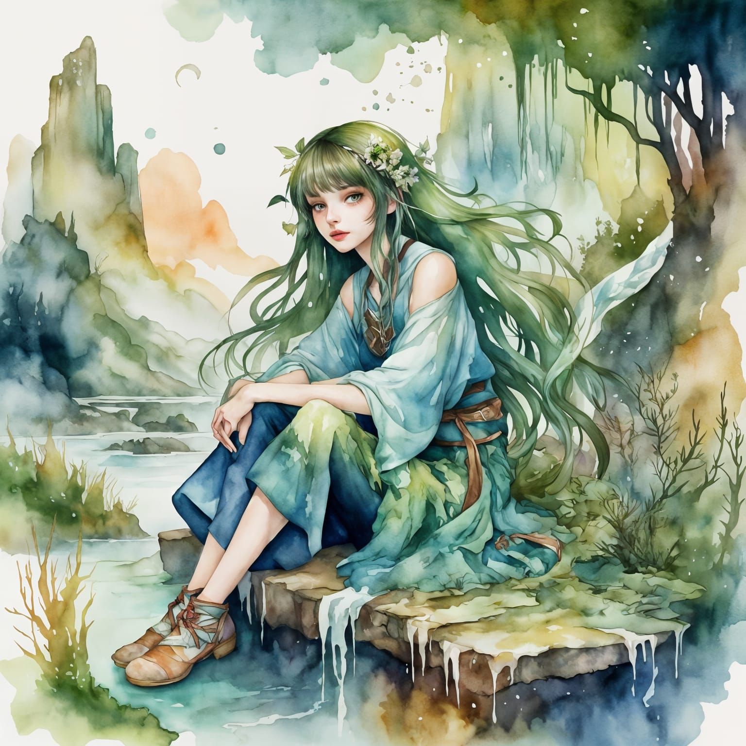 Watercolor Painting of Young Mage in Overgrowth Landscape
