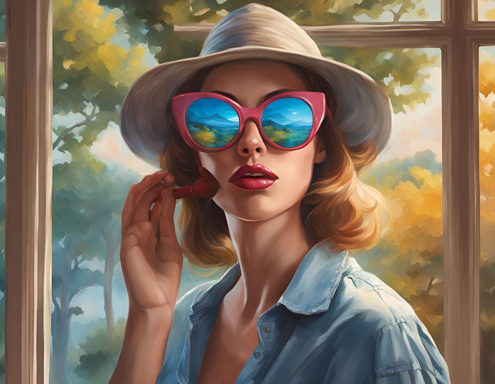 Woman's Sunglasses Reflect Man's Face: Hyperrealistic Art