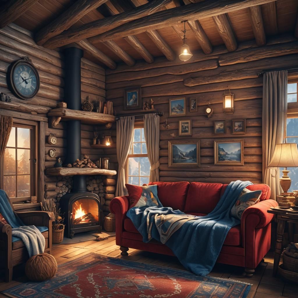 Cozy Log Cabin Living Room in Fantasy Art Style