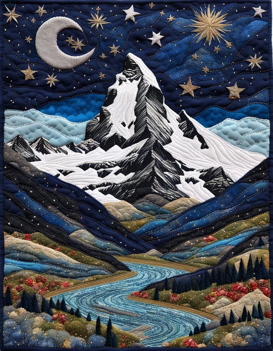 Mystical Matterhorn Fabric Collage with Embroidery