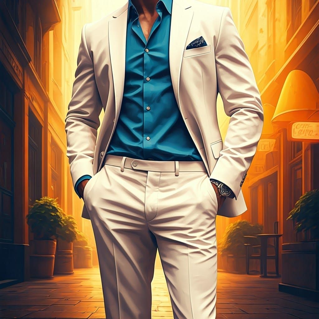 Handsome Man in White Suit with Embarrassing Stain