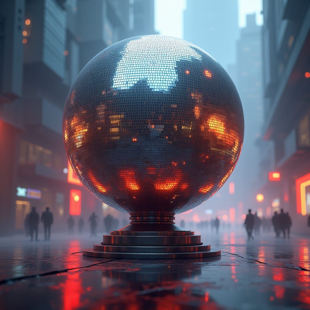 Mechanical Disco Ball in Sci-Fi Cityscape