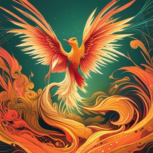 Luminous Phoenix with Golden Outlines Digital Painting