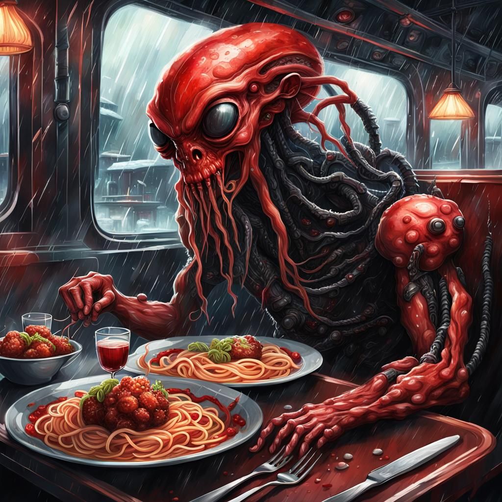 Cyberpunk Alien Cyborg Eating Train