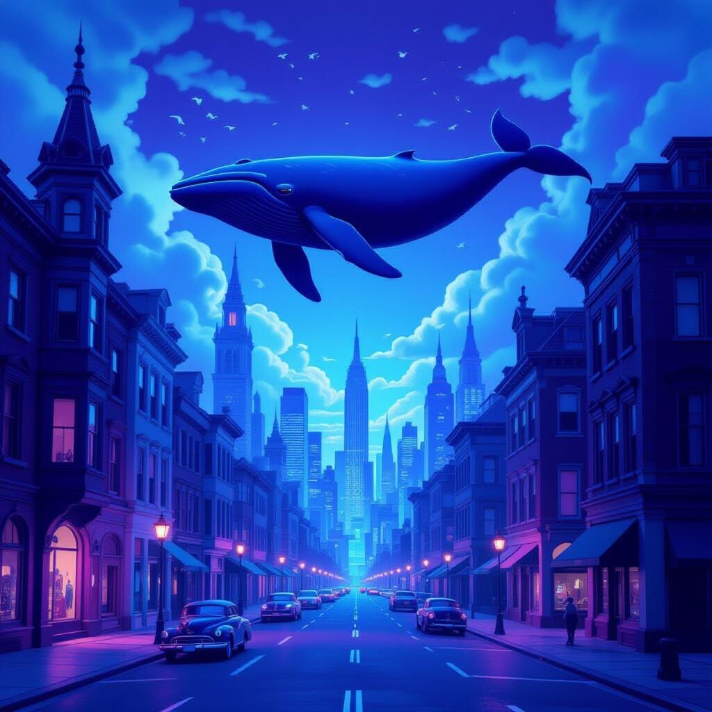 Surreal Cityscape with Floating Whale in Purple, Teal, and G...