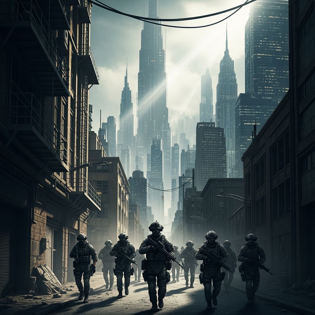 Soldiers March on Futuristic City in Dramatic Lighting