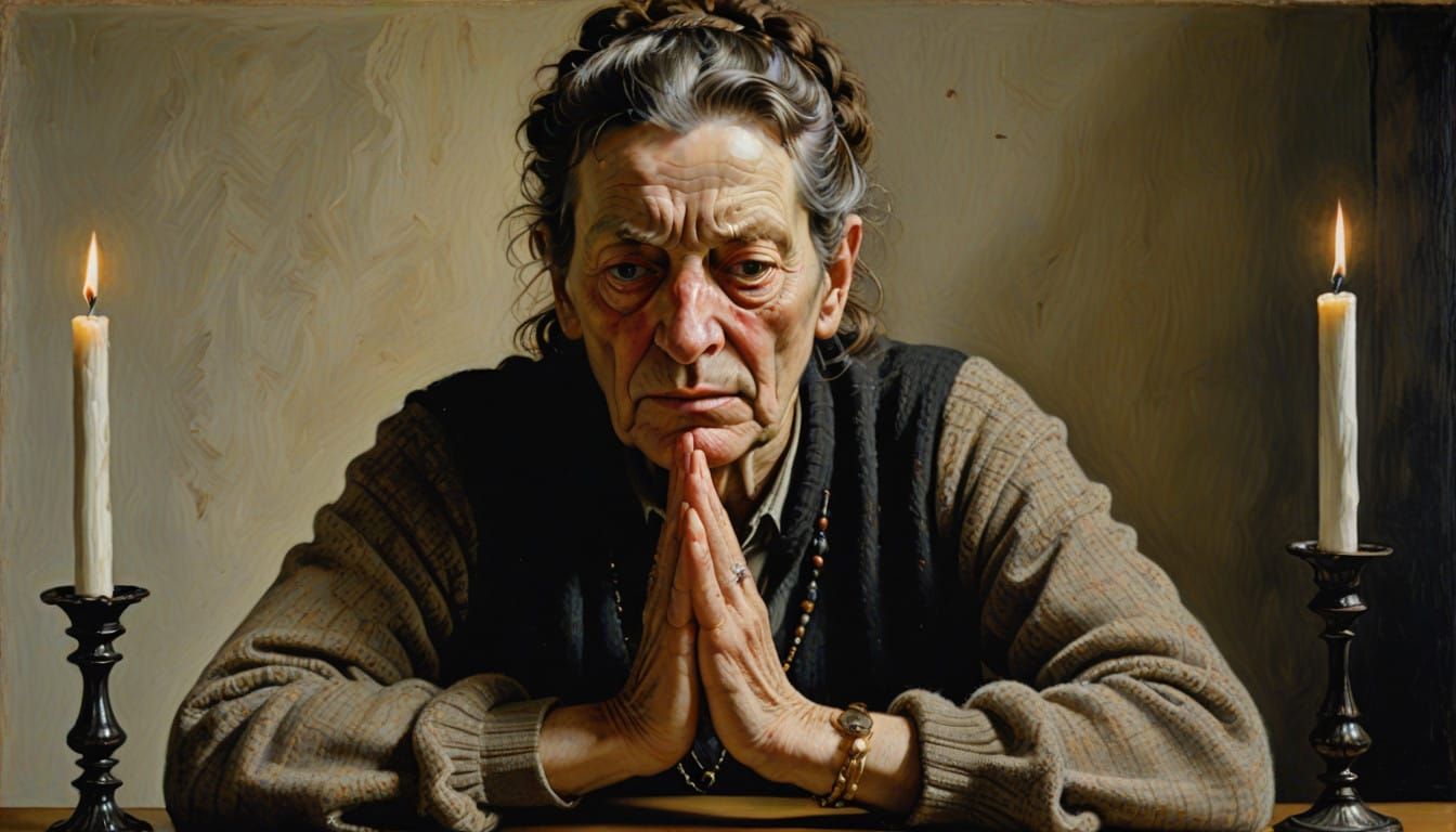 Hands in Prayer, Rosary, Candles in a Softly Lit Sanctuary