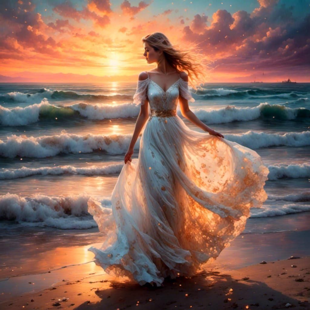 Watercolor Coastal Sunset with Woman on Beach