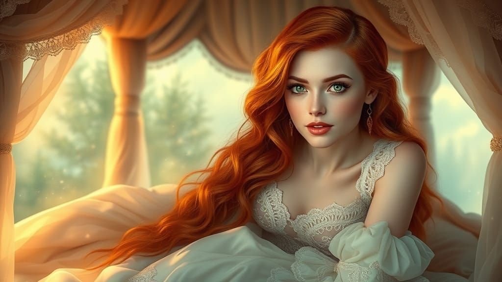 Ethereal Red-Haired Woman on Canopy Bed in Soft Light