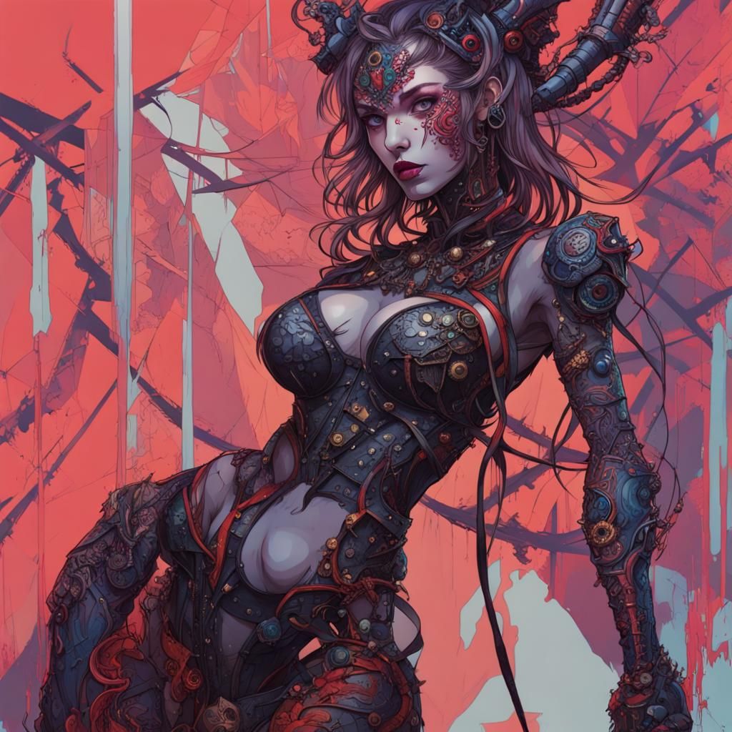 Cyberpunk Robot Demon Fighting Sorceress in Abstract Art Sty...