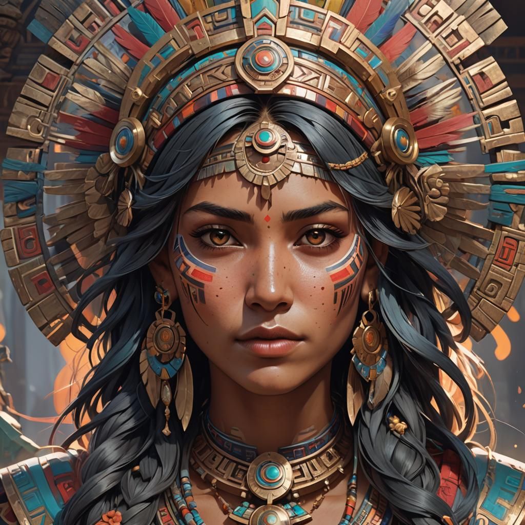 Detailed Aztec Woman Portrait in Art Nouveau Style