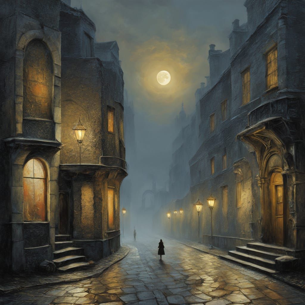 Victorian Street Scene in Moonlit Haze