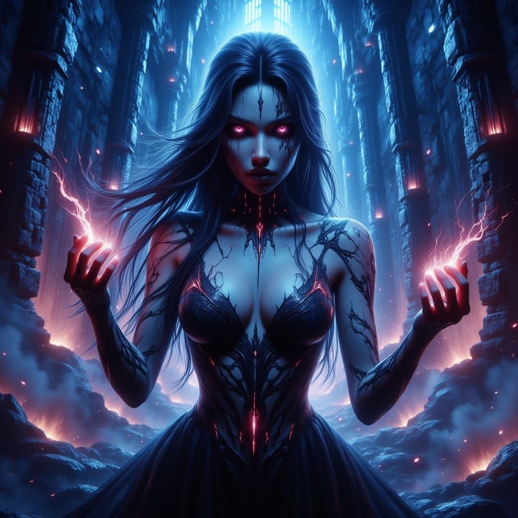 Gothic Japanese Woman in Neon Castle, Anime Style