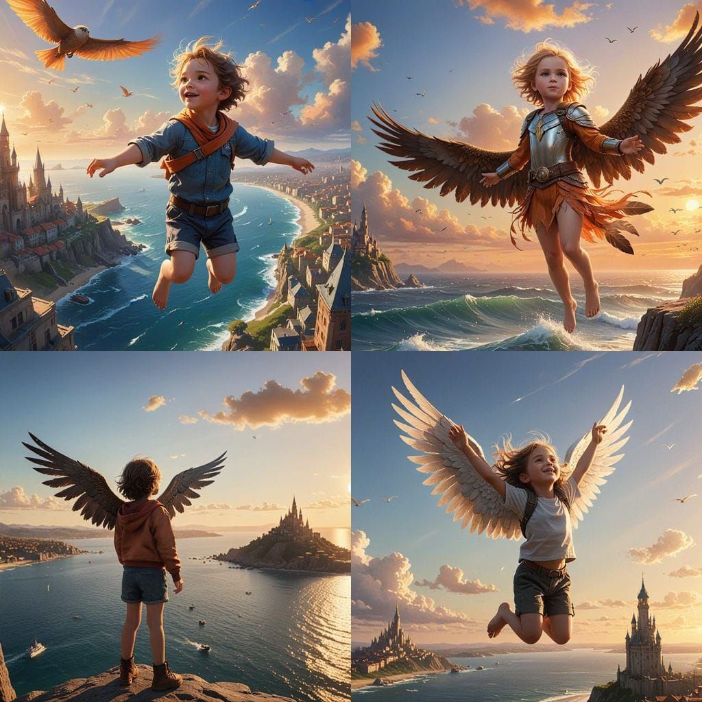 Child Pilot Soars Through Sky Over Sea and Towers