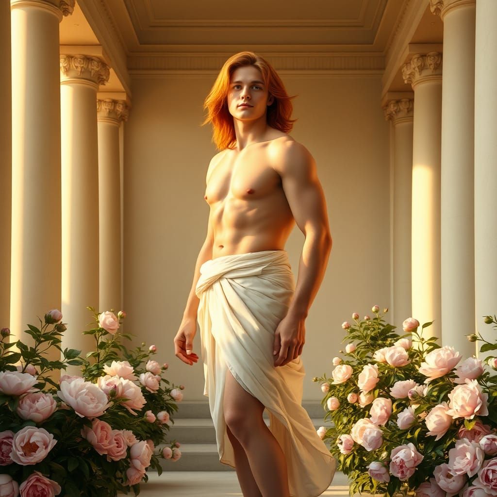 Androgynous Man in Greek Temple, Inspired by Bouguereau