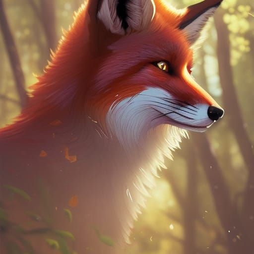 Detailed Fox Portrait in Forest, Trending Art
