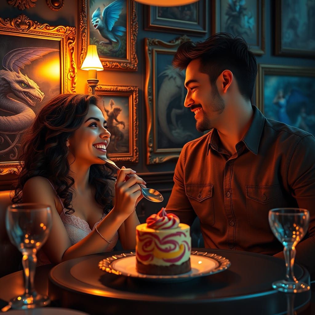 A couple sharing dessert while surrounded by framed AI art and warm lighting