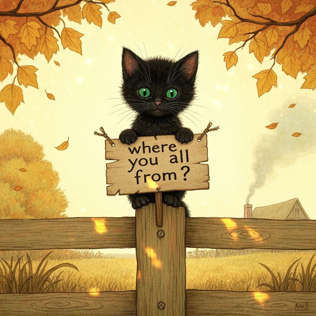 Black Kitten Holds Sign On Fencepost in Autumn Glow