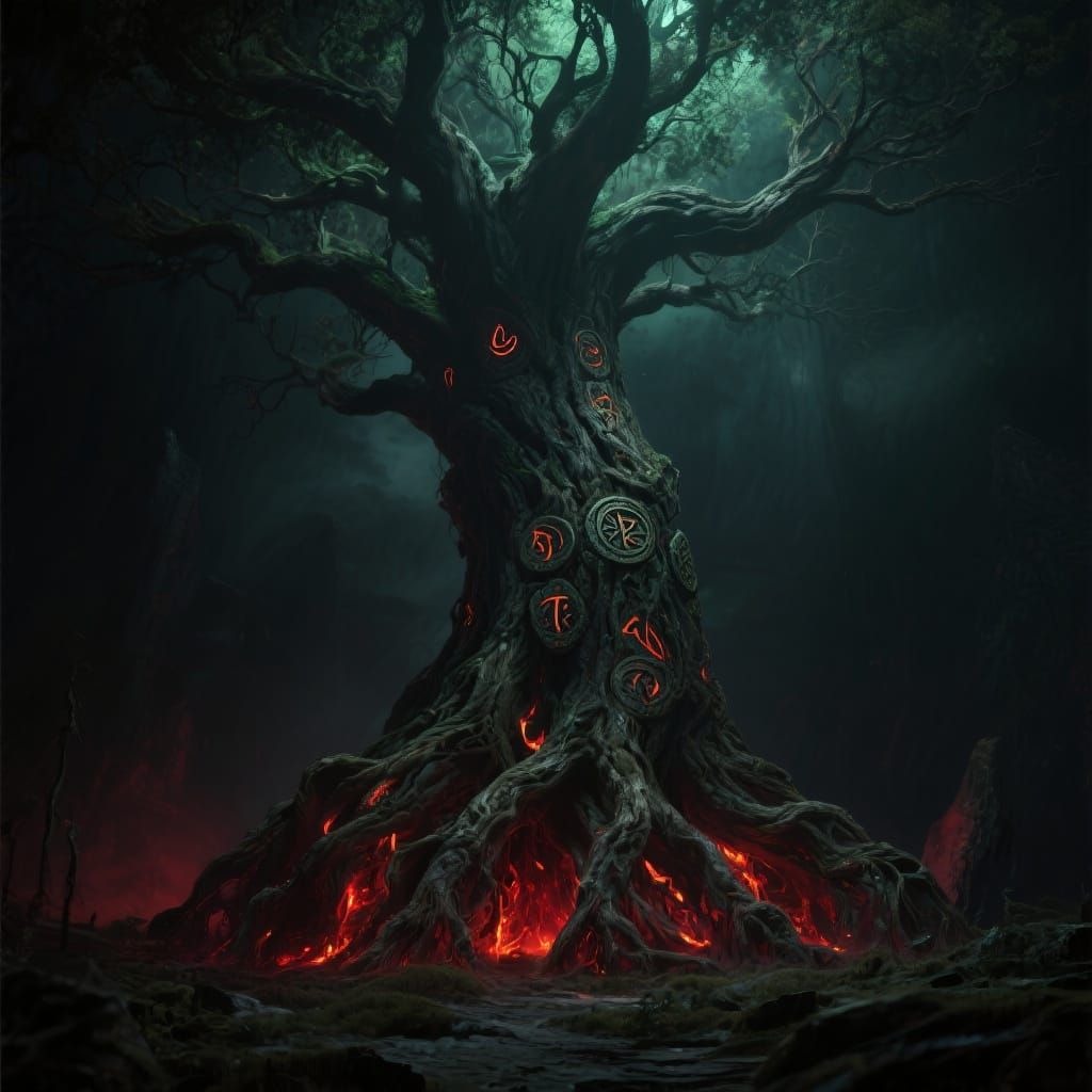 Colossal World Tree with Glowing Runes in Dark Fantasy