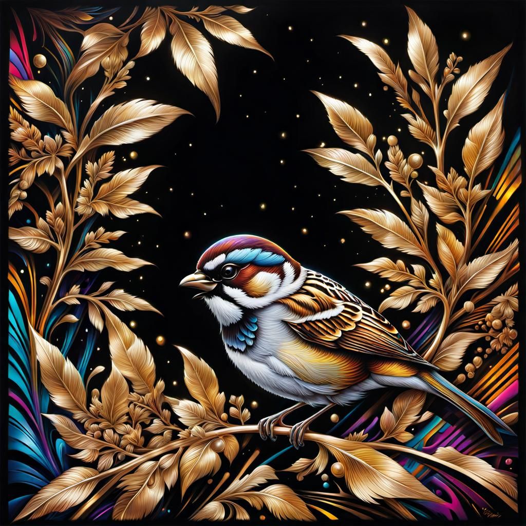 Sparrow in Metallic Moonlight Graffiti Art