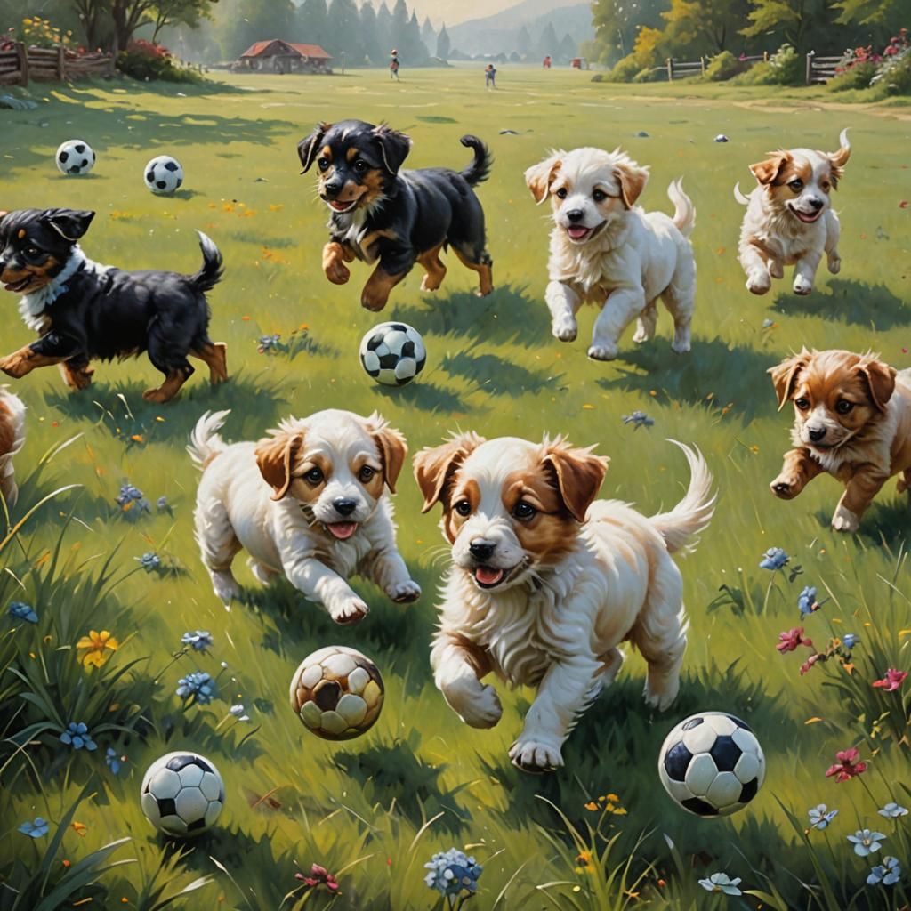 Puppies Play Soccer: Ethereal Oil Painting